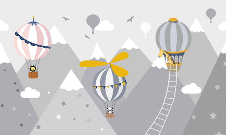 Hot air balloon design file showing detailed mountain landscape and playful panda characters