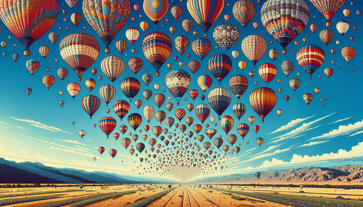 Hot air balloon design file showing detailed pattern of colorful balloons against turquoise sky