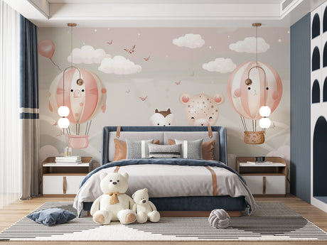 Hot air balloon nursery wallpaper in a bright modern nursery with white furniture