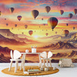 Hot air balloon desert wallpaper creating a stunning focal point in a modern living room with warm, ambient lighting