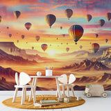 Hot air balloon desert wallpaper creating a stunning focal point in a modern living room with warm, ambient lighting
