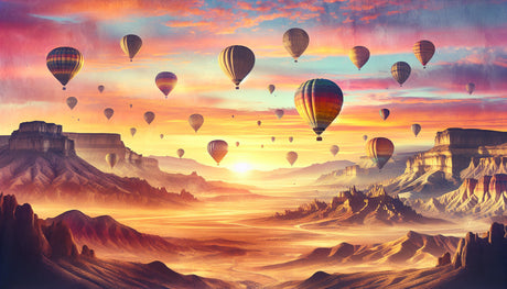 Hot air balloon wallpaper design file showing detailed desert sunset scene with floating balloons