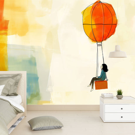 Hot air balloon watercolor mural displayed in a bright modern living room, orange and turquoise tones creating a peaceful atmosphere