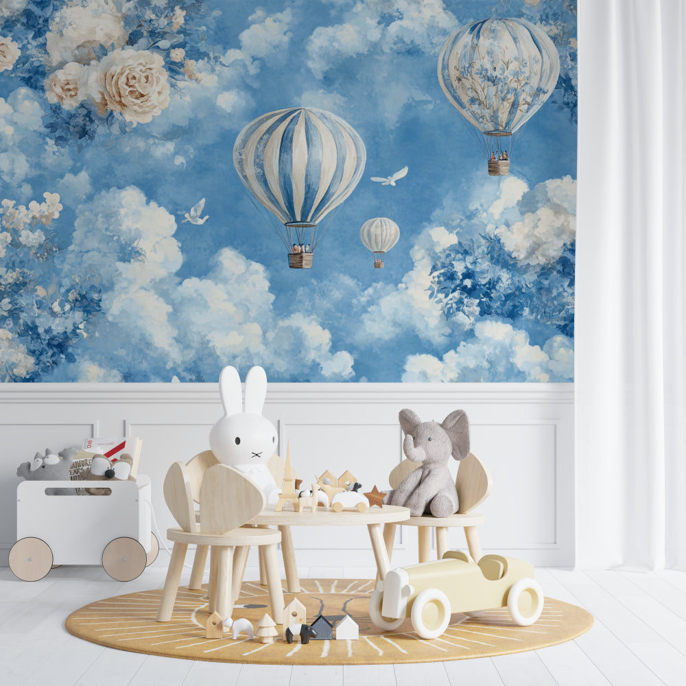 Blue sky balloon wallpaper installed in a cozy reading nook with soft cushions