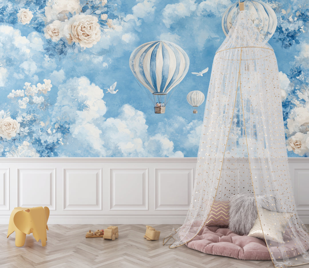 Dreamy hot air balloon mural displayed in a peaceful kids bedroom with natural light