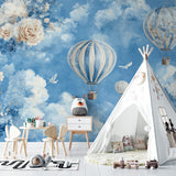 Sky wallpaper with floating balloons and roses bringing charm to a playroom setting