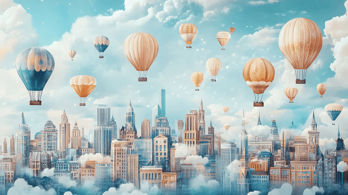 Hot air balloon wallpaper design file showing detailed pastel balloons and city skyline pattern