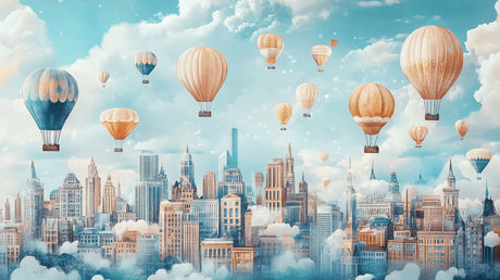 Hot air balloon wallpaper design file showing detailed pastel balloons and city skyline pattern