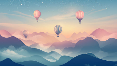 Hot air balloon nursery wallpaper creating a magical atmosphere in a modern white nursery with natural wood furniture