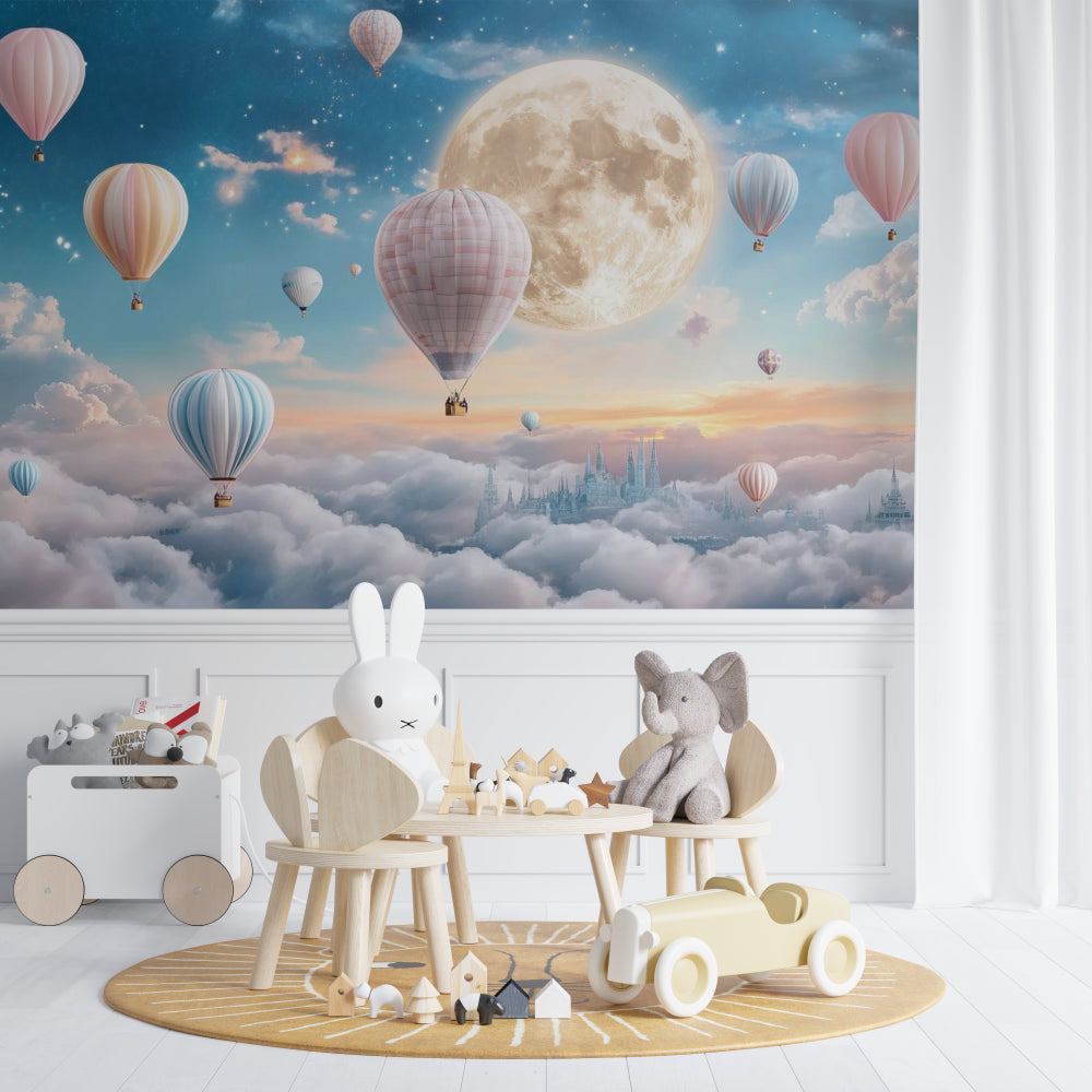 Hot air balloon mural creating depth in a small bedroom space