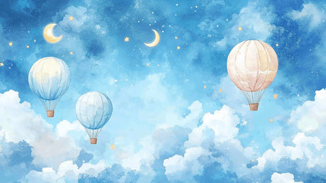 Design file of floating hot air balloons with crescent moons and stars in watercolor style