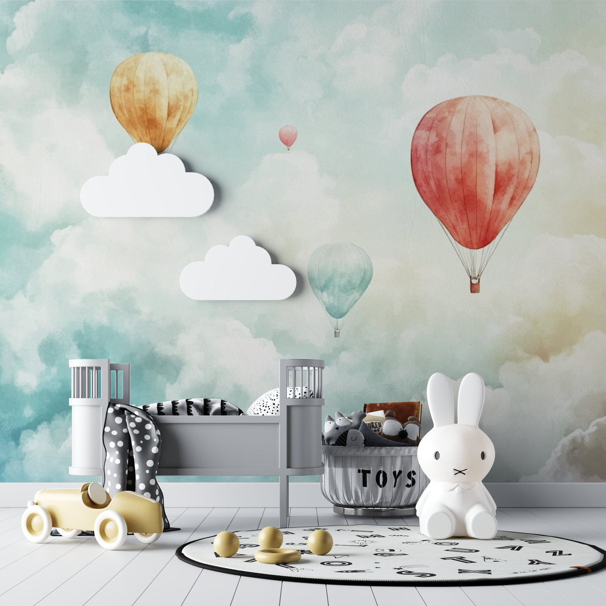 Pastel hot air balloon mural in a cozy children's reading nook with soft cushions
