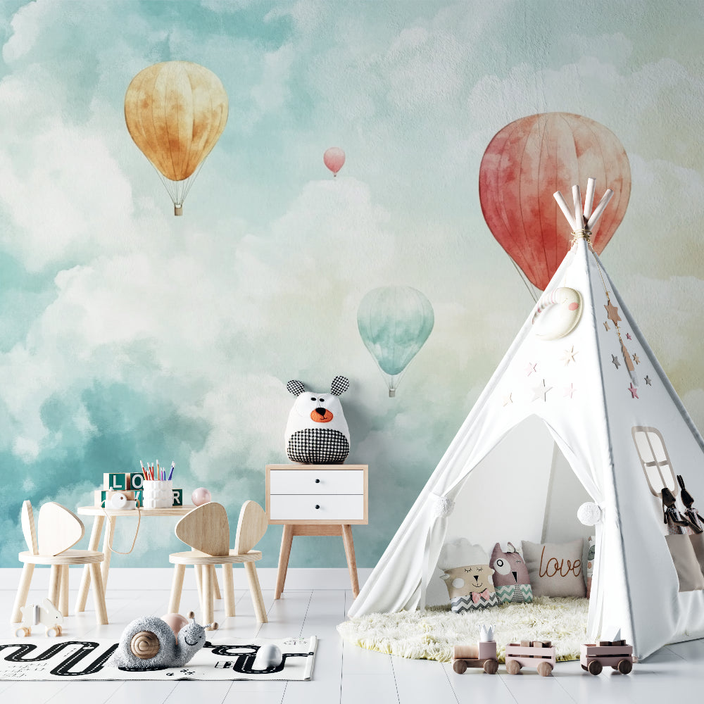 Hot air balloon wall design brightening a modern playroom space