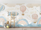 Dreamy balloon wall mural creating a magical atmosphere in a kid's playroom with soft pastel colors
