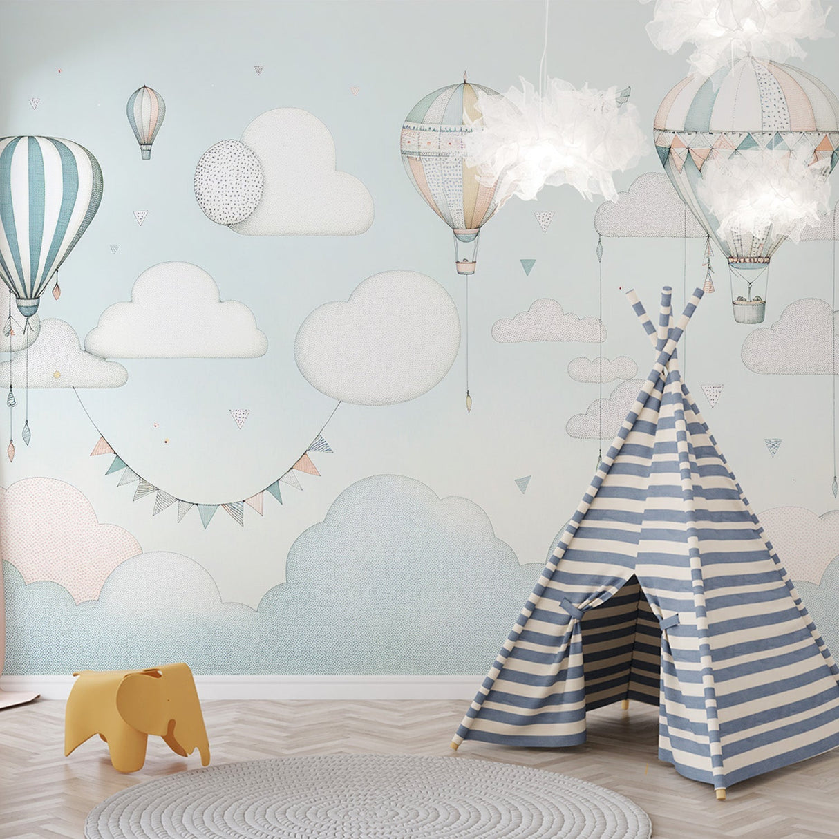 Hot air balloon wallpaper brings whimsy to a bright nursery, with soft pastel colors creating a dreamy atmosphere
