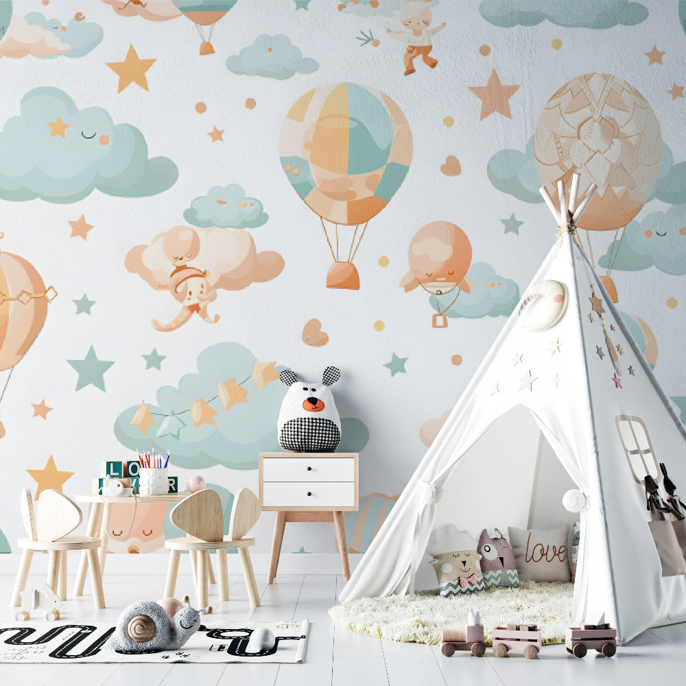 Hot air balloon nursery wallpaper in a cozy nursery setting with soft lighting and gentle colors