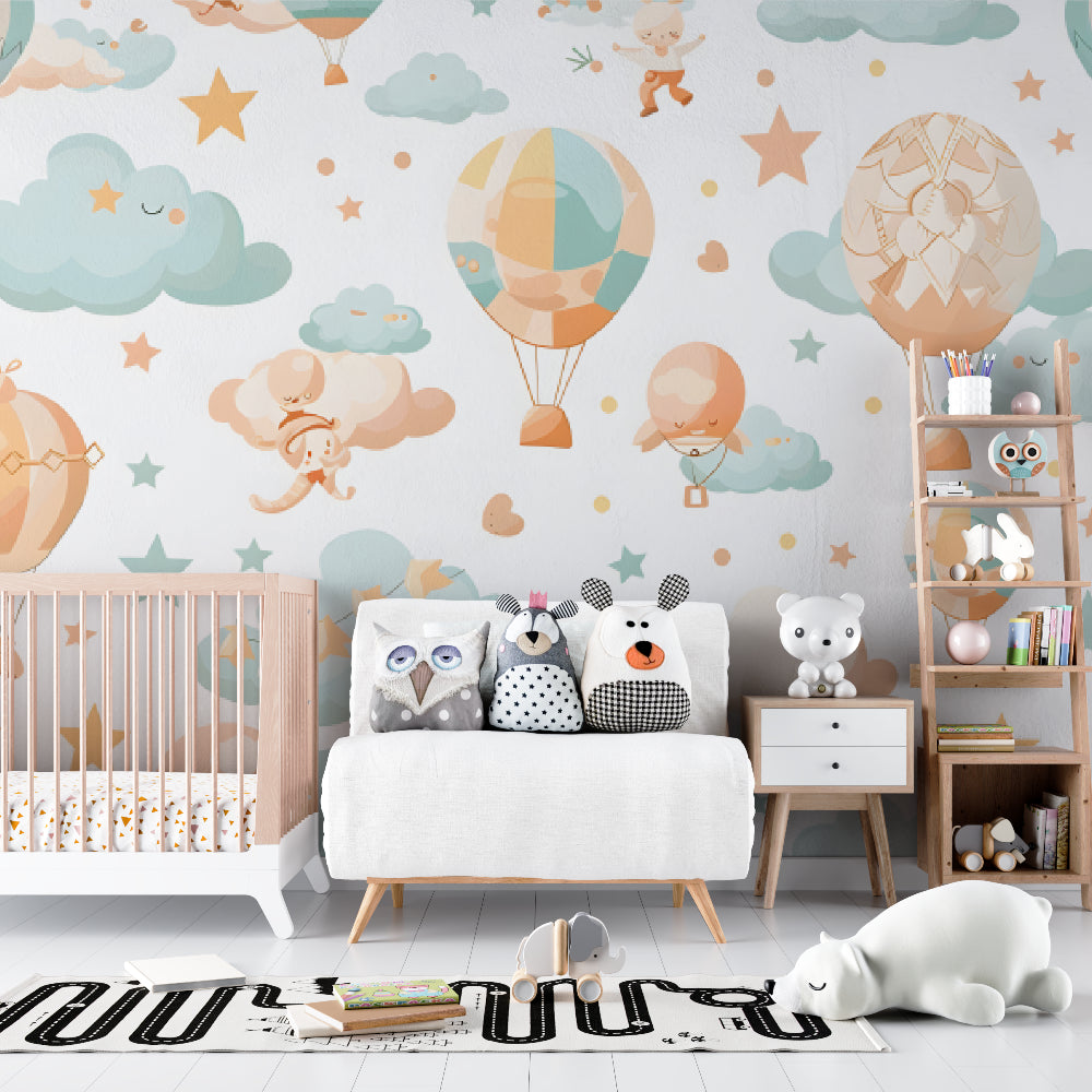Pastel hot air balloon mural creating magic in a child's reading nook