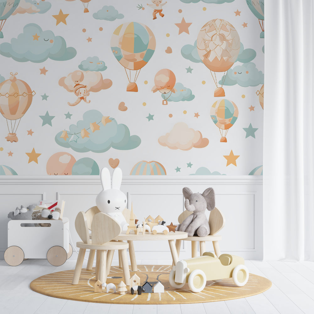 Dreamy balloon wallpaper transforming a baby's sleep space