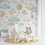 Dreamy balloon wallpaper transforming a baby's sleep space