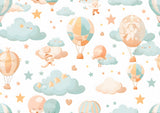 Design file showing full hot air balloon pattern with detailed pastel clouds and floating balloons
