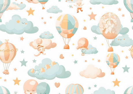 Design file showing full hot air balloon pattern with detailed pastel clouds and floating balloons