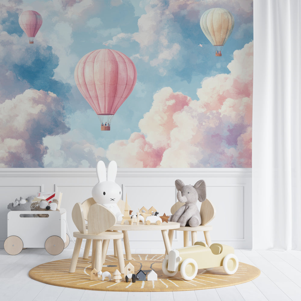 Hot air balloon wall mural in a baby's room with gentle lighting