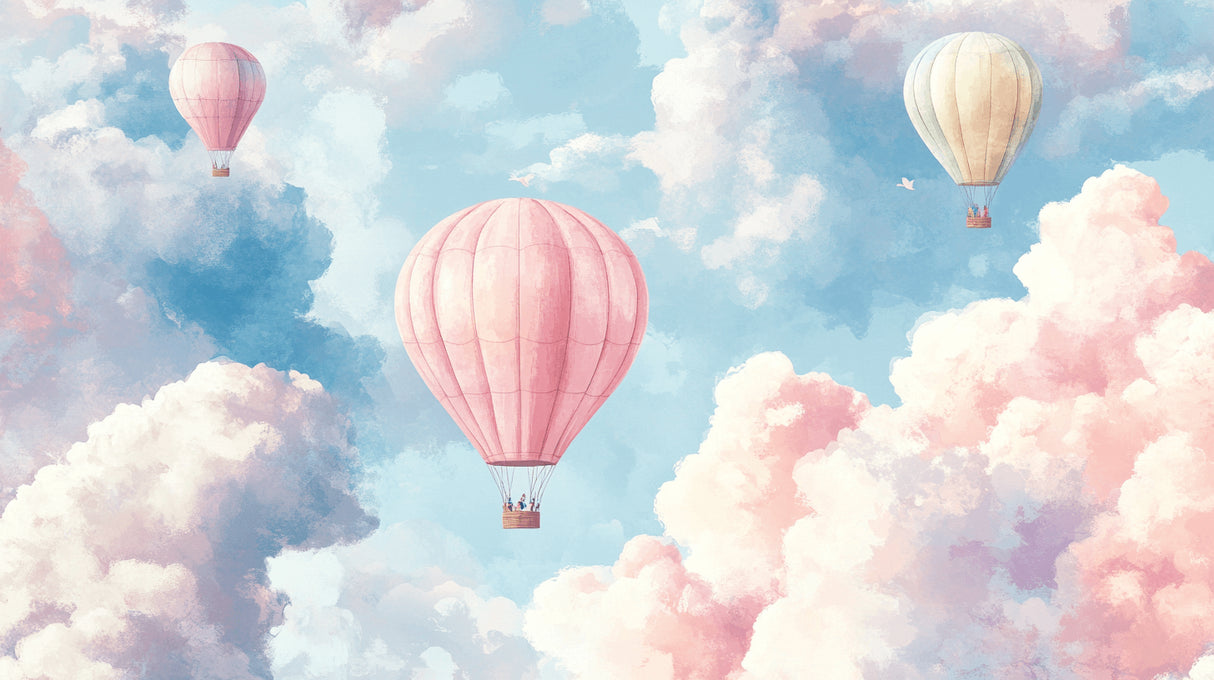 Hot air balloon wallpaper design file showing dreamy pink and blue sky pattern