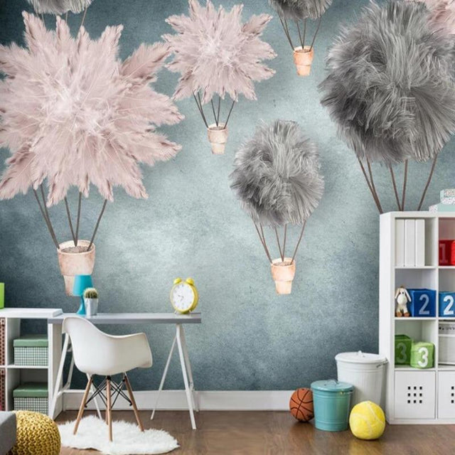 Hot air balloon nursery wallpaper creating a magical atmosphere in a modern baby's room with soft pink and grey tones