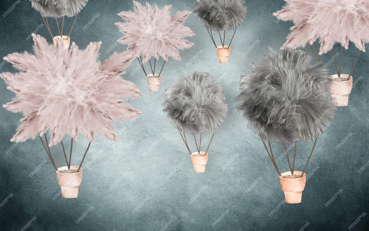Hot air balloon wallpaper design file showing dreamy dandelion-inspired pattern in pink and grey
