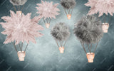 Hot air balloon wallpaper design file showing dreamy dandelion-inspired pattern in pink and grey