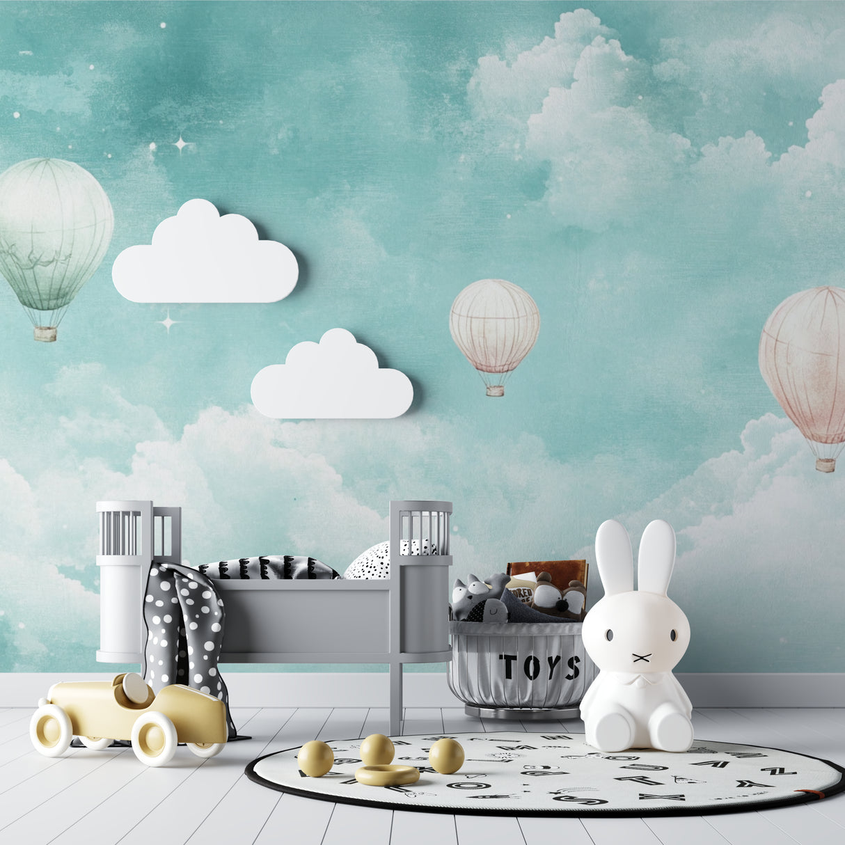 Dreamy hot air balloon mural transforming a children's bedroom with floating clouds and gentle colors