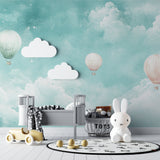 Dreamy hot air balloon mural transforming a children's bedroom with floating clouds and gentle colors
