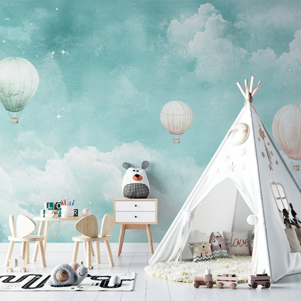 Sky adventure wallpaper bringing whimsy to a playroom with floating balloons and stars
