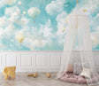 Hot air balloon wallpaper in a bright nursery with white furniture, showing floating balloons and butterflies