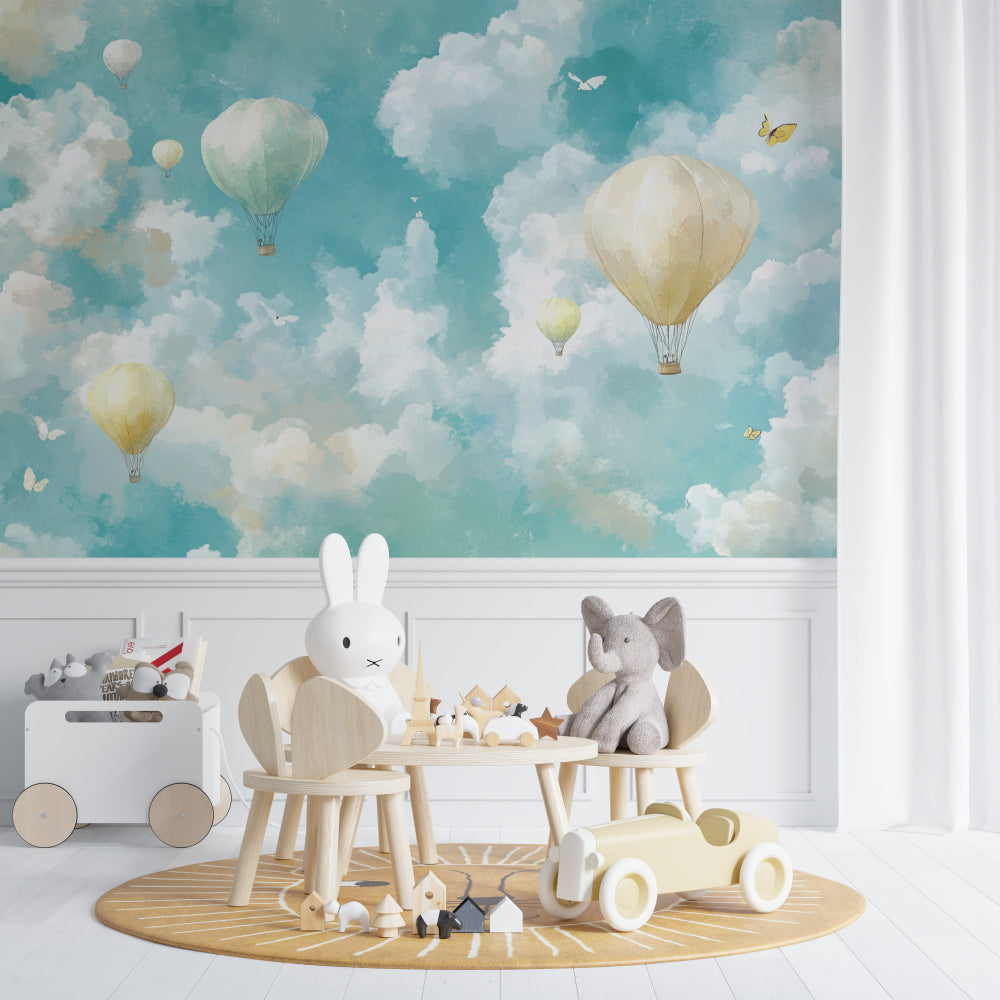 Playroom wall with dreamy balloon wallpaper creating an airy, open feeling
