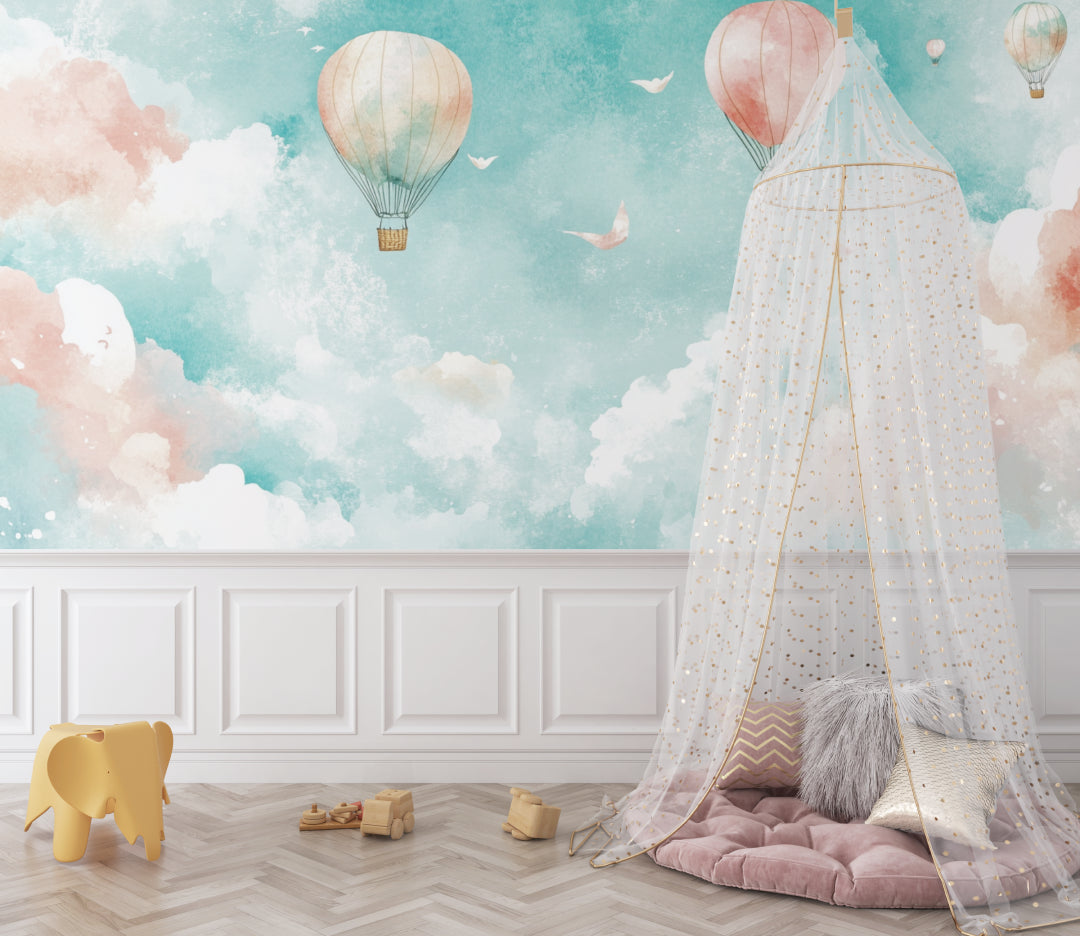 Hot air balloon wallpaper creating a magical atmosphere in a bright nursery with white furniture