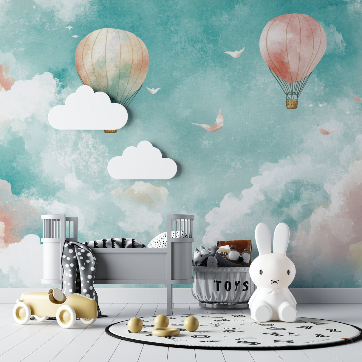 Dreamy balloon mural in a kids bedroom with reading nook
