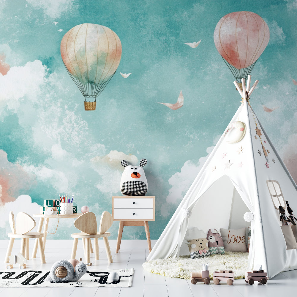 Sky wallpaper with floating balloons in a modern playroom setting