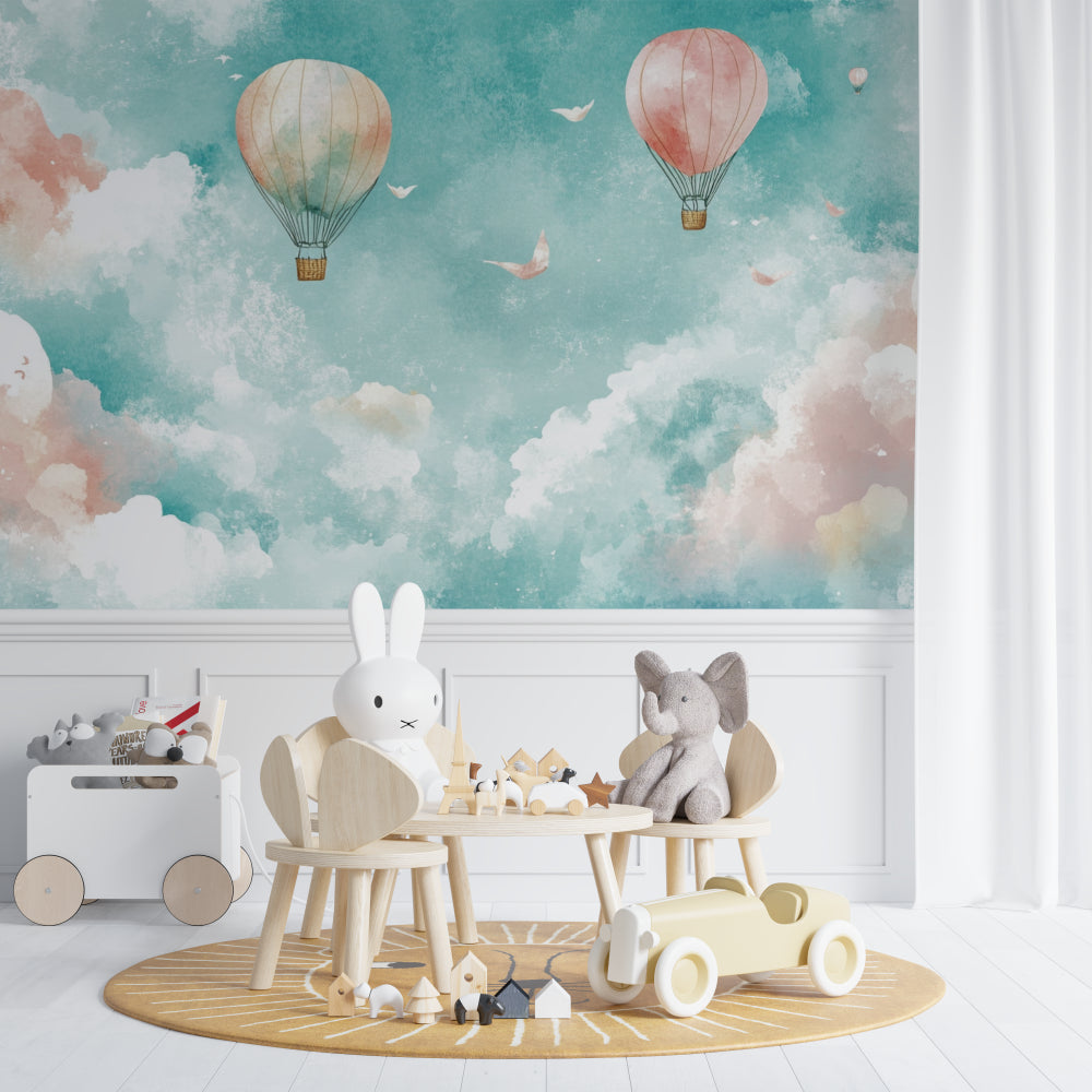 Nursery wall mural with gentle balloon design in a cozy baby room