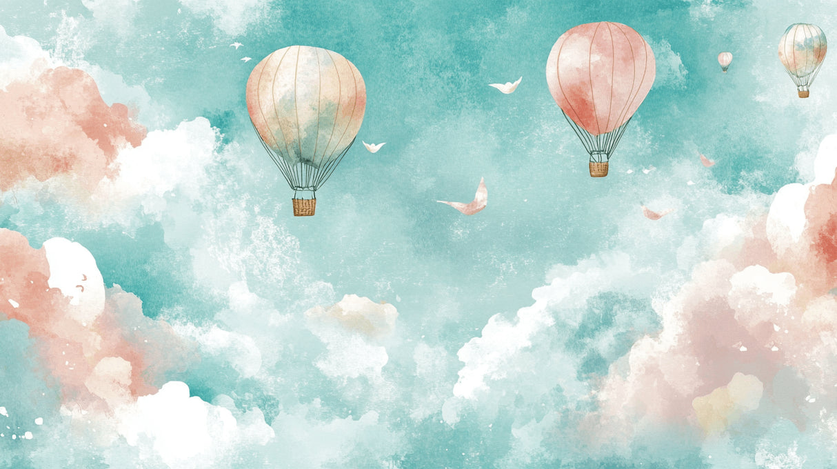 Design file showing watercolor hot air balloons and clouds pattern on white background