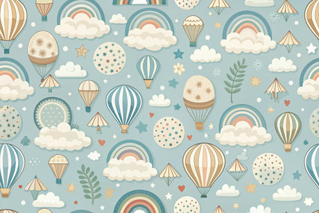 Hot air balloon wallpaper design file showing full pattern with rainbows, stars, and floating balloons
