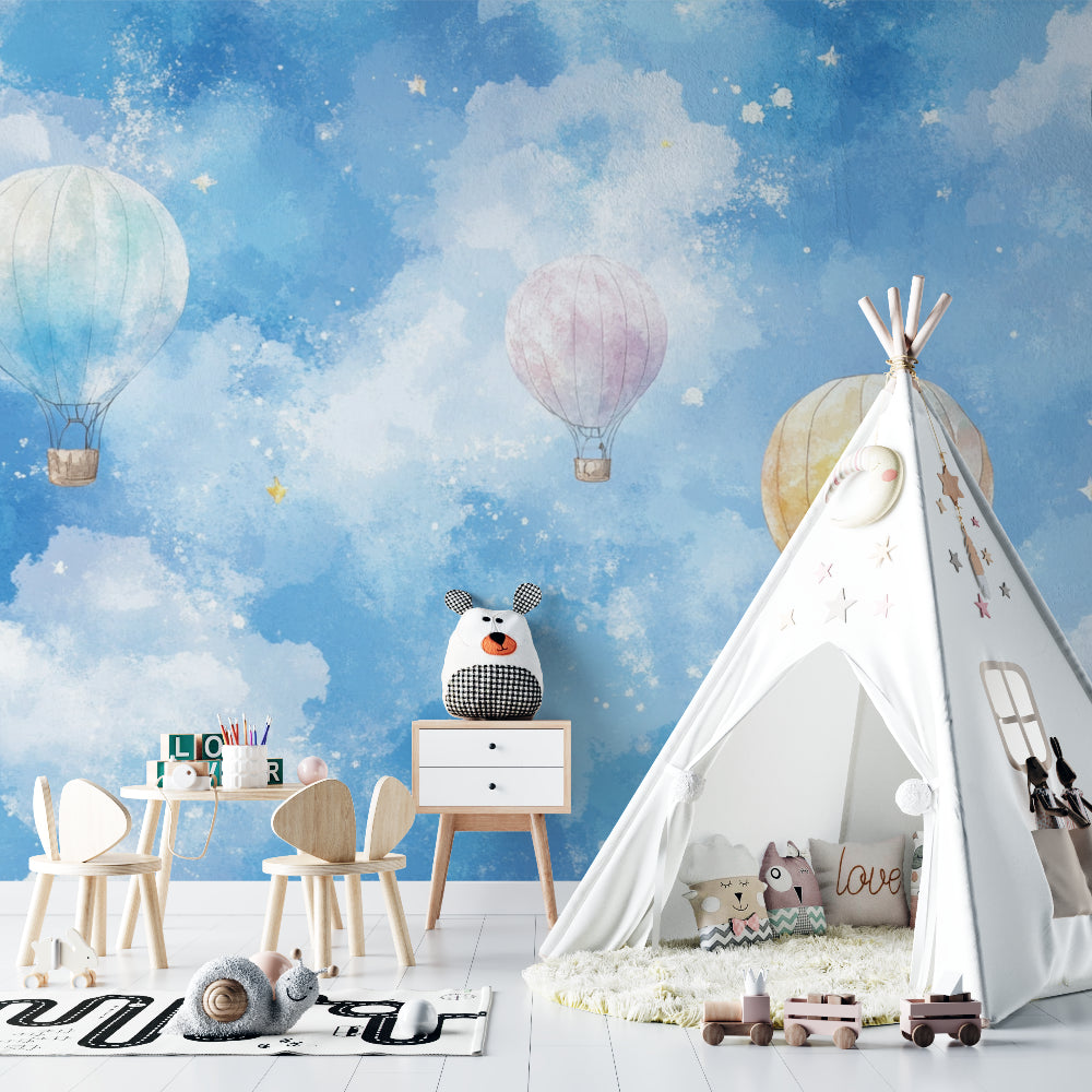Hot air balloon wallpaper creating a dreamy atmosphere in a bright nursery with white furniture