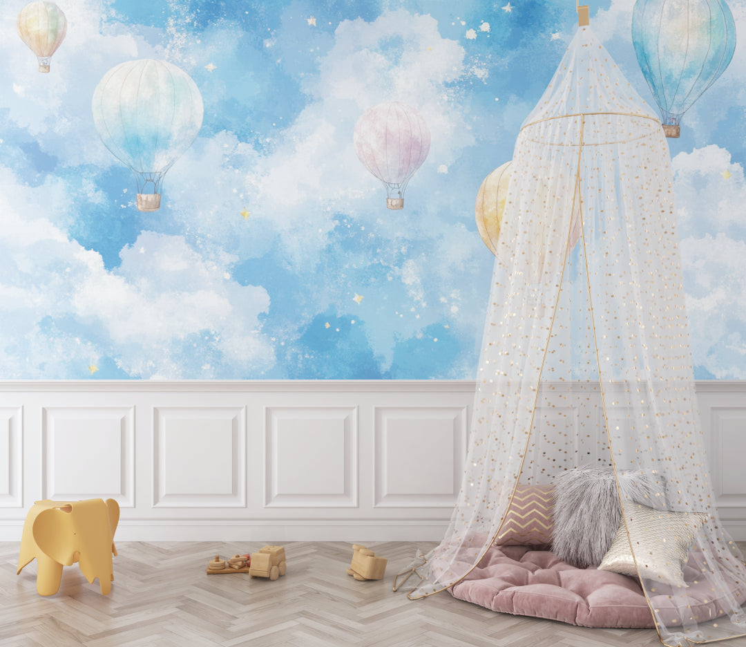 Baby room with dreamy hot air balloon wallpaper creating a peaceful sleeping space