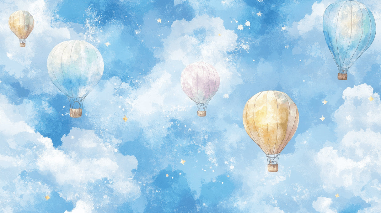 Hot air balloon wallpaper design file showing watercolor balloons and silver star pattern