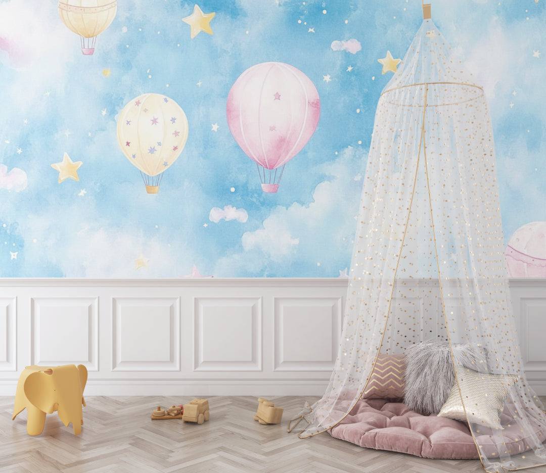 Hot air balloon wallpaper in a cozy nursery with soft lighting showing floating balloons and stars
