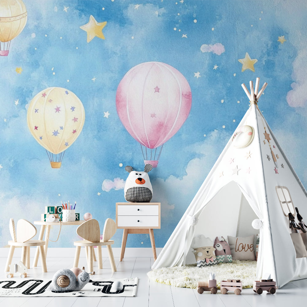 Playroom decorated with magical hot air balloon wallpaper showing pastel colors