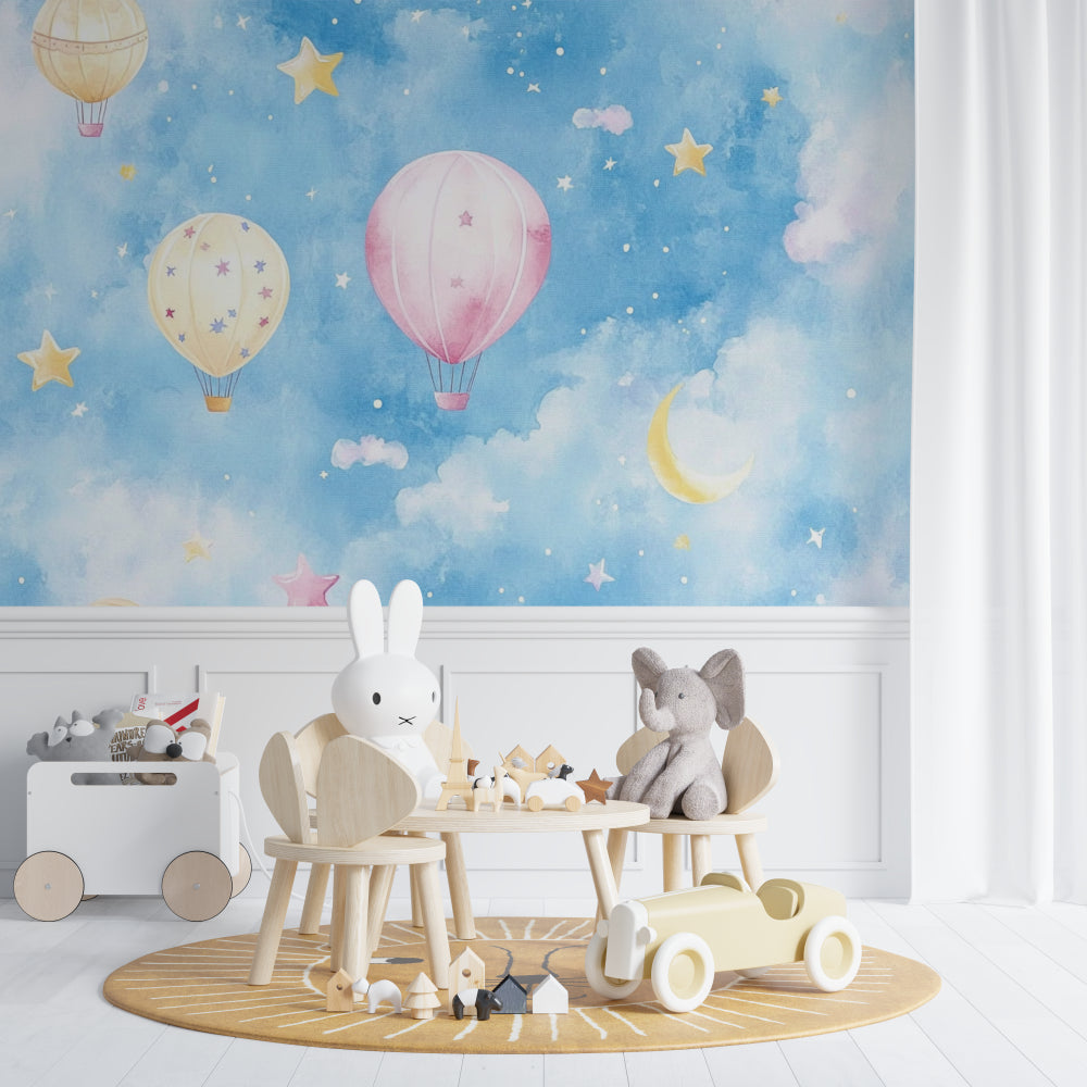 Reading nook with hot air balloon wall mural creating a peaceful atmosphere
