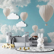 Hot air balloon nursery wallpaper in a bright modern nursery, creating a peaceful sleeping space