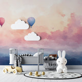 Sky wallpaper featuring hot air balloons in a cozy reading nook