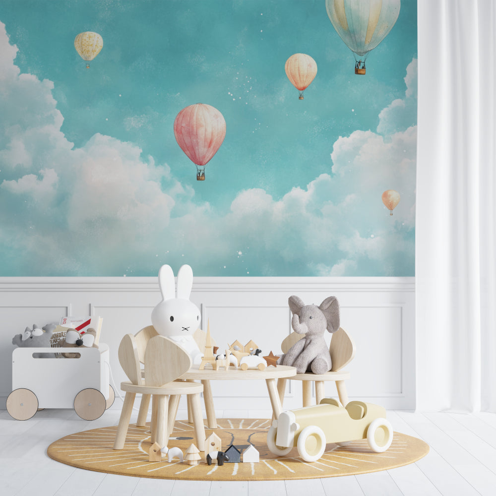 Turquoise balloon mural in kids playroom showing scale and dreamy atmosphere